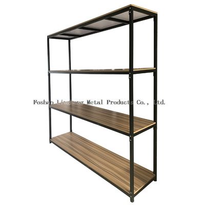 Rak Penyimpanan Gudang H1800mm L800mm Kayu Dan Rak Logam Hitam Tiga Lapisan