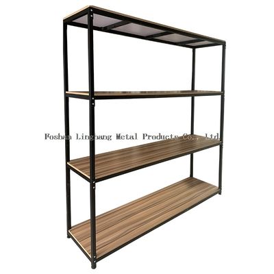 Rak Penyimpanan Gudang H1800mm L800mm Kayu Dan Rak Logam Hitam Tiga Lapisan