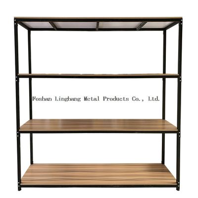 Rak Penyimpanan Gudang H1800mm L800mm Kayu Dan Rak Logam Hitam Tiga Lapisan