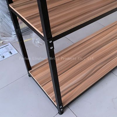 Rak Penyimpanan Gudang H1800mm L800mm Kayu Dan Rak Logam Hitam Tiga Lapisan