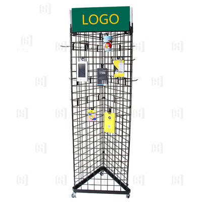 Rak Display Supermarket 3 Sisi Segitiga Wire Grid Dengan Logo Dan Kastor