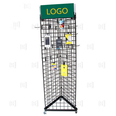 Rak Display Supermarket 3 Sisi Segitiga Wire Grid Dengan Logo Dan Kastor