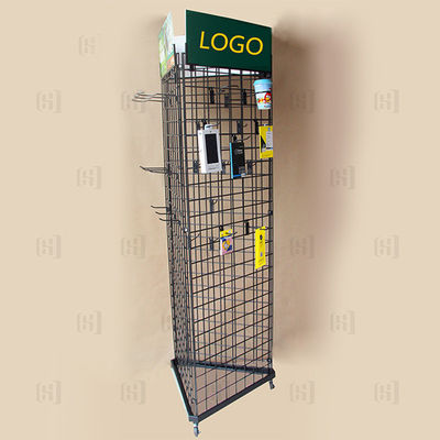 Rak Display Supermarket 3 Sisi Segitiga Wire Grid Dengan Logo Dan Kastor