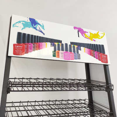 Rak Display Supermarket Hitam Dengan Rak Cat Kuku Papan PVC